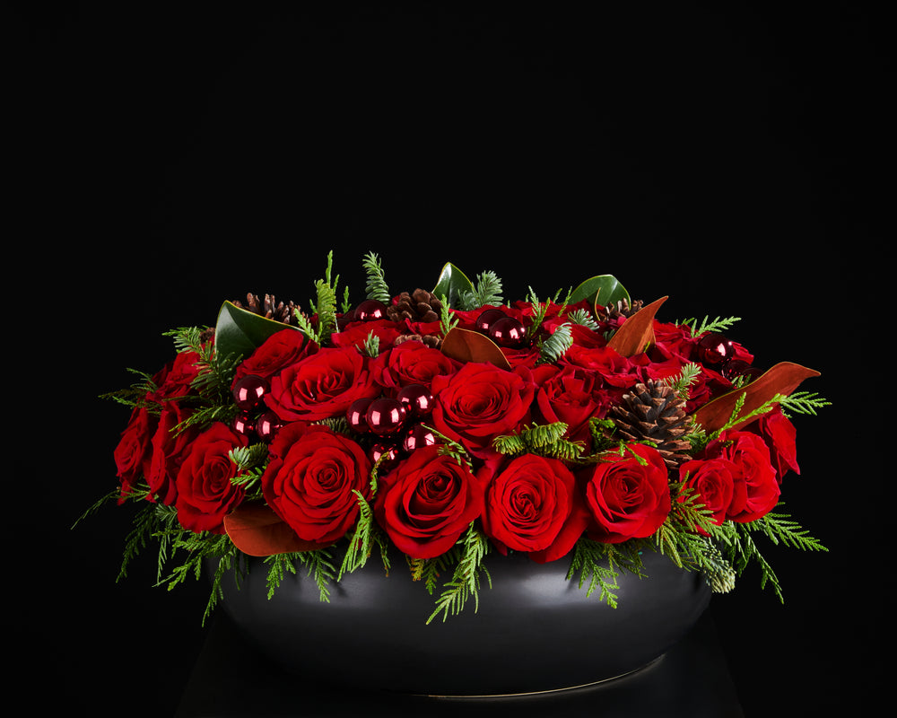 Premium Red Roses, Pine Cones, Magnolia, Cedar, Pine and glass ballss