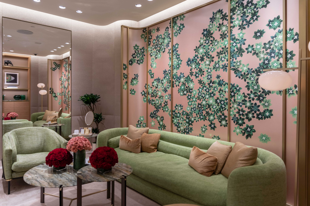Rose floral arrangements displayed in the Cartier boutique