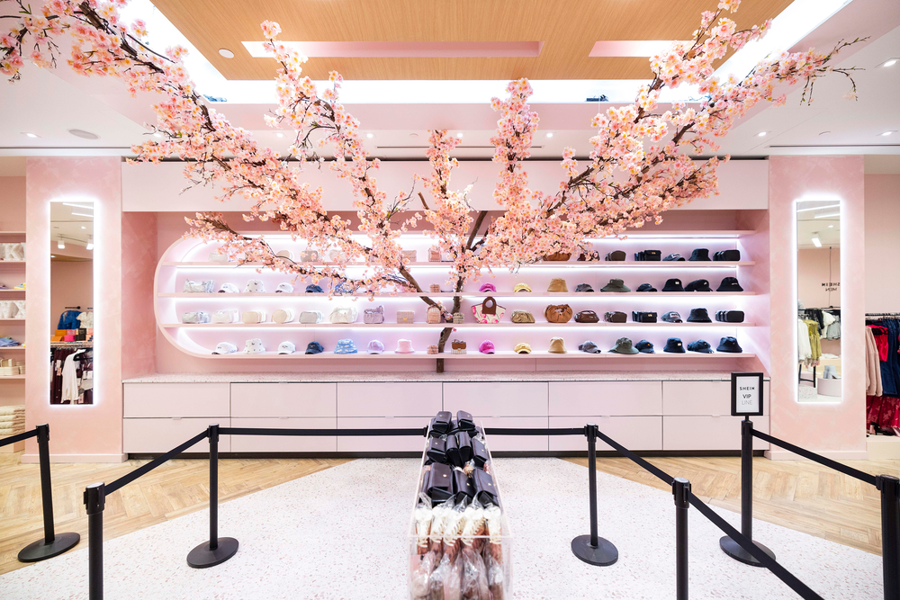 Cherry blossom tree installation at the Shein pop up