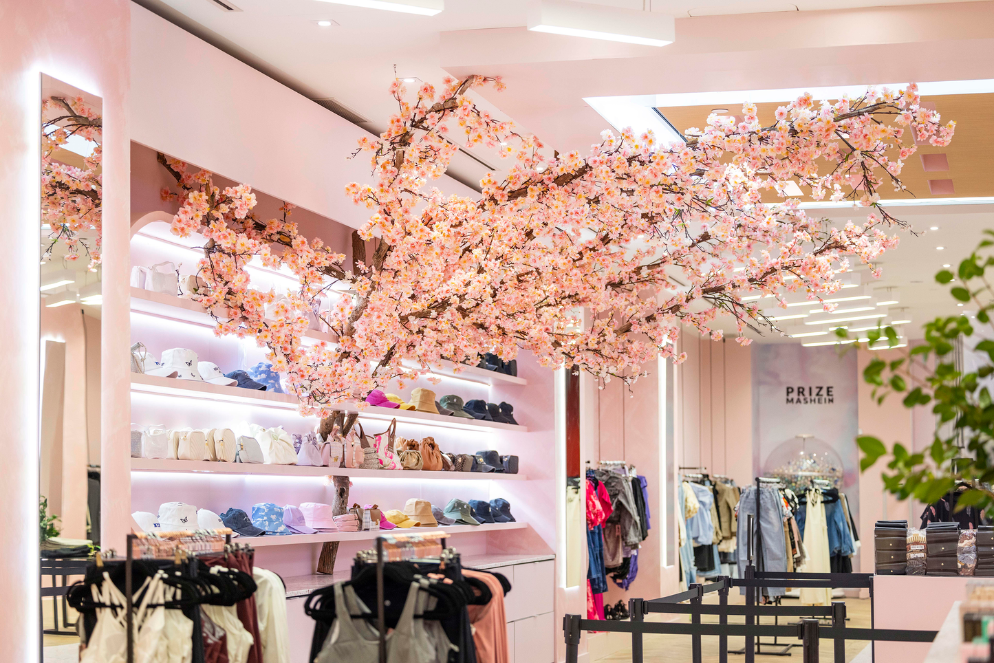 Cherry blossom tree installation at the Shein pop-up